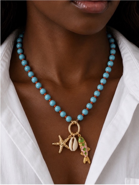 Jewelry - New! Coastal Blue Beaded Gold Fish Charm Necklace NWOT 1049